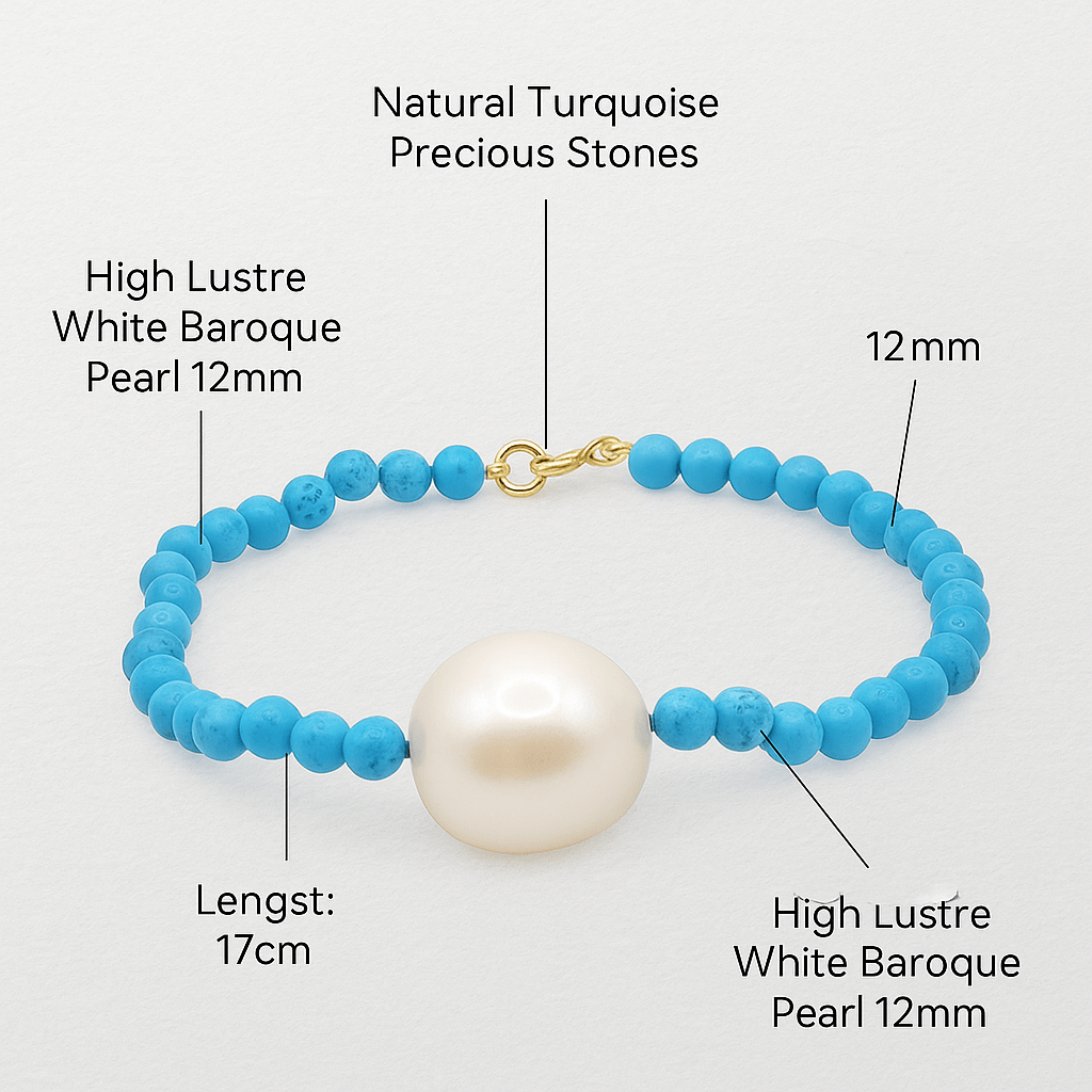 Pulsera de Perla Cultivada y Turquesa Natural, Oro Amarillo 18K - MIMUKA