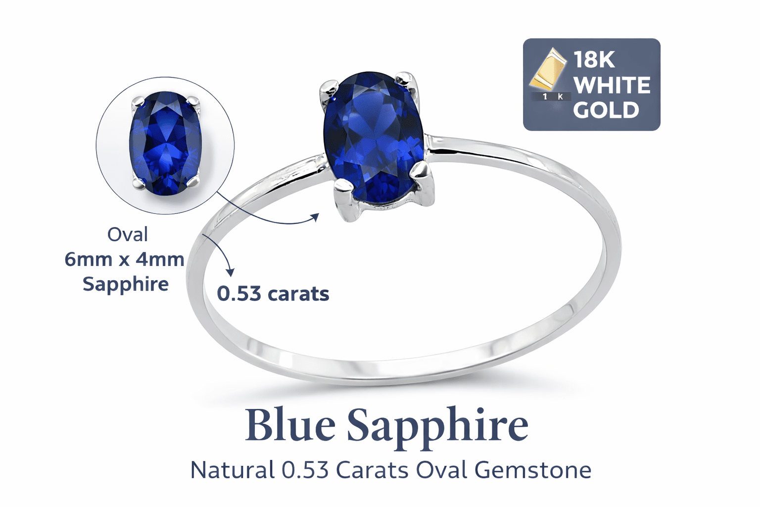 Sapphire oval shape 6 x4 mm White Gold 18K Ring - MIMUKA