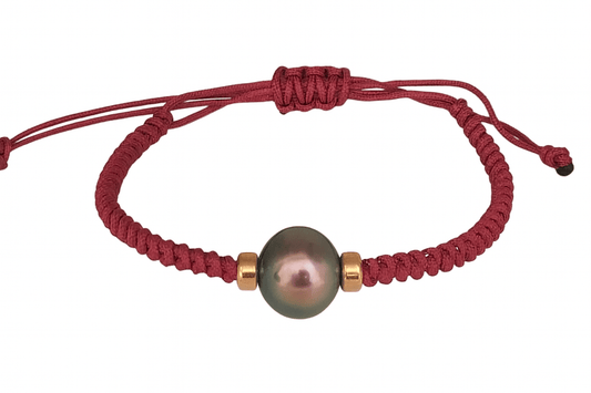 Tahiti Pearl Bracelet 11 - 12mm – Adjustable Red Cord with 18K Yellow Gold Beads – Genuine Tahitian Cultured Pearl Jewelry for Women” - MIMUKA
