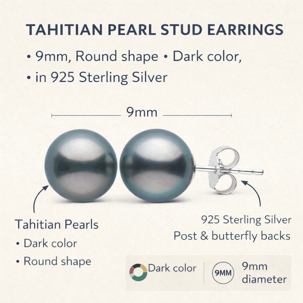 Tahiti Pearls 9 mm Silver 925 Stud Earrings - MIMUKA