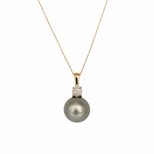 Tahitian Pearl Pendant Necklace – 9–10 mm Natural High Luster and Diamond, 18K Gold - MIMUKA