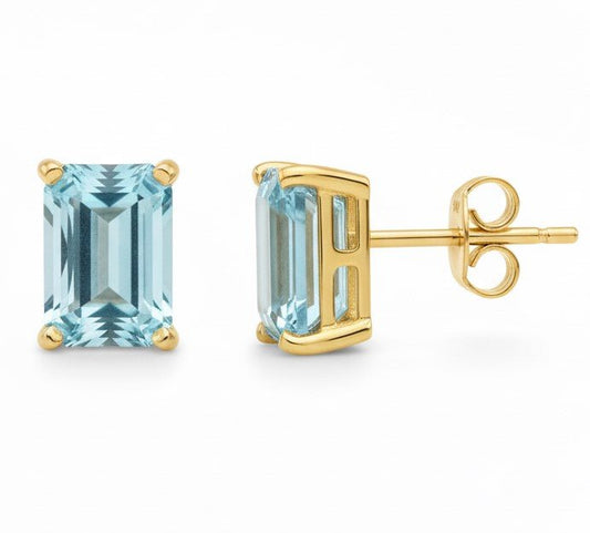 Yellow Gold Earrings 18K Precious Stones Sky Blue Topaz weight 2.5 carats cut emerald/octagonal 7 x 5 mm - MIMUKA
