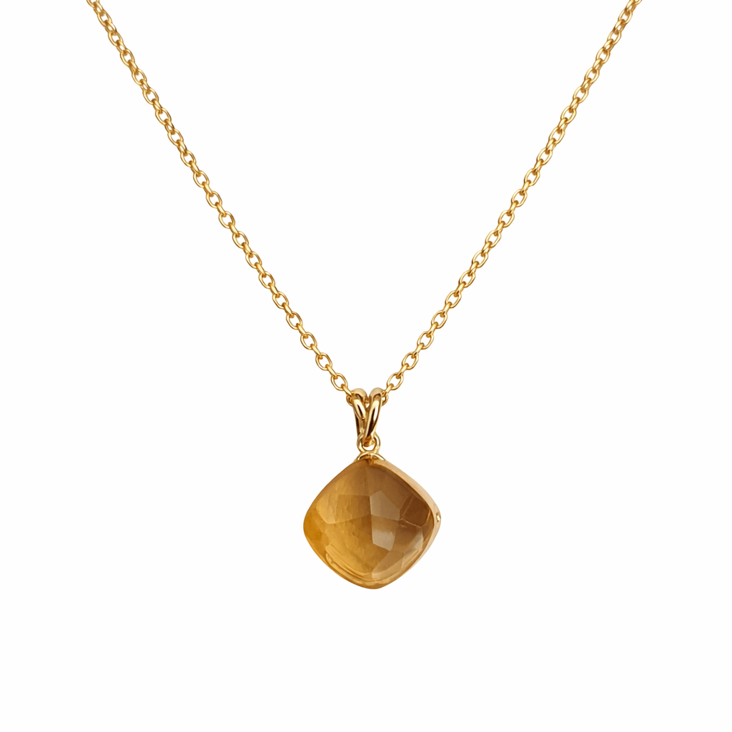 Yellow Gold Natural Citrine Pendant Necklace 9K – 7x7 mm Faceted Gemstone, 45 cm Gold Chain - MIMUKA