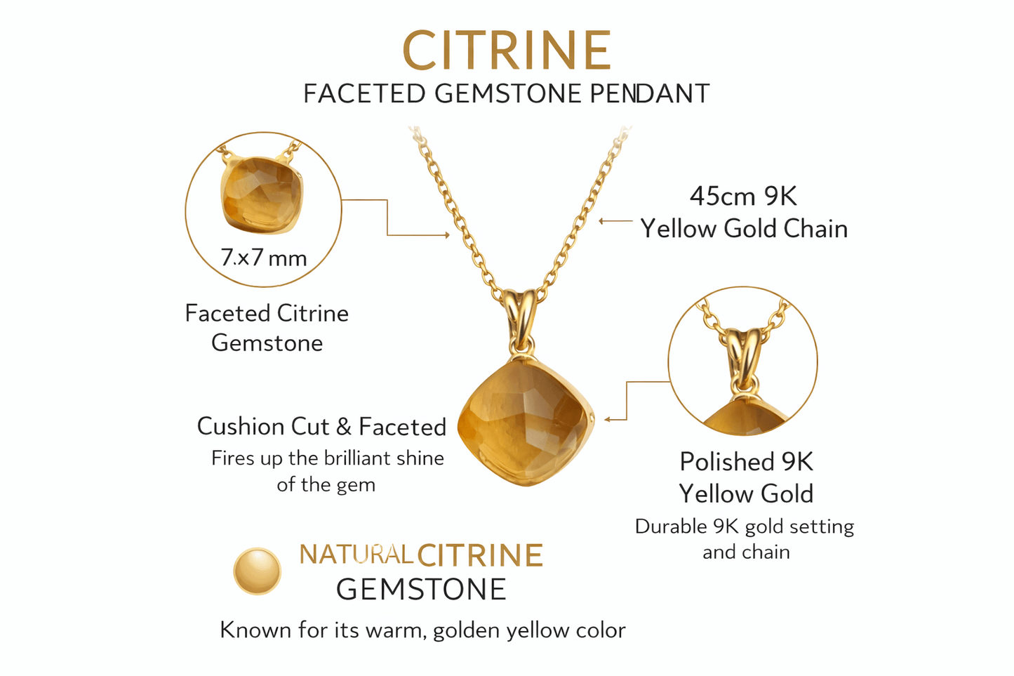 Yellow Gold Natural Citrine Pendant Necklace 9K – 7x7 mm Faceted Gemstone, 45 cm Gold Chain - MIMUKA