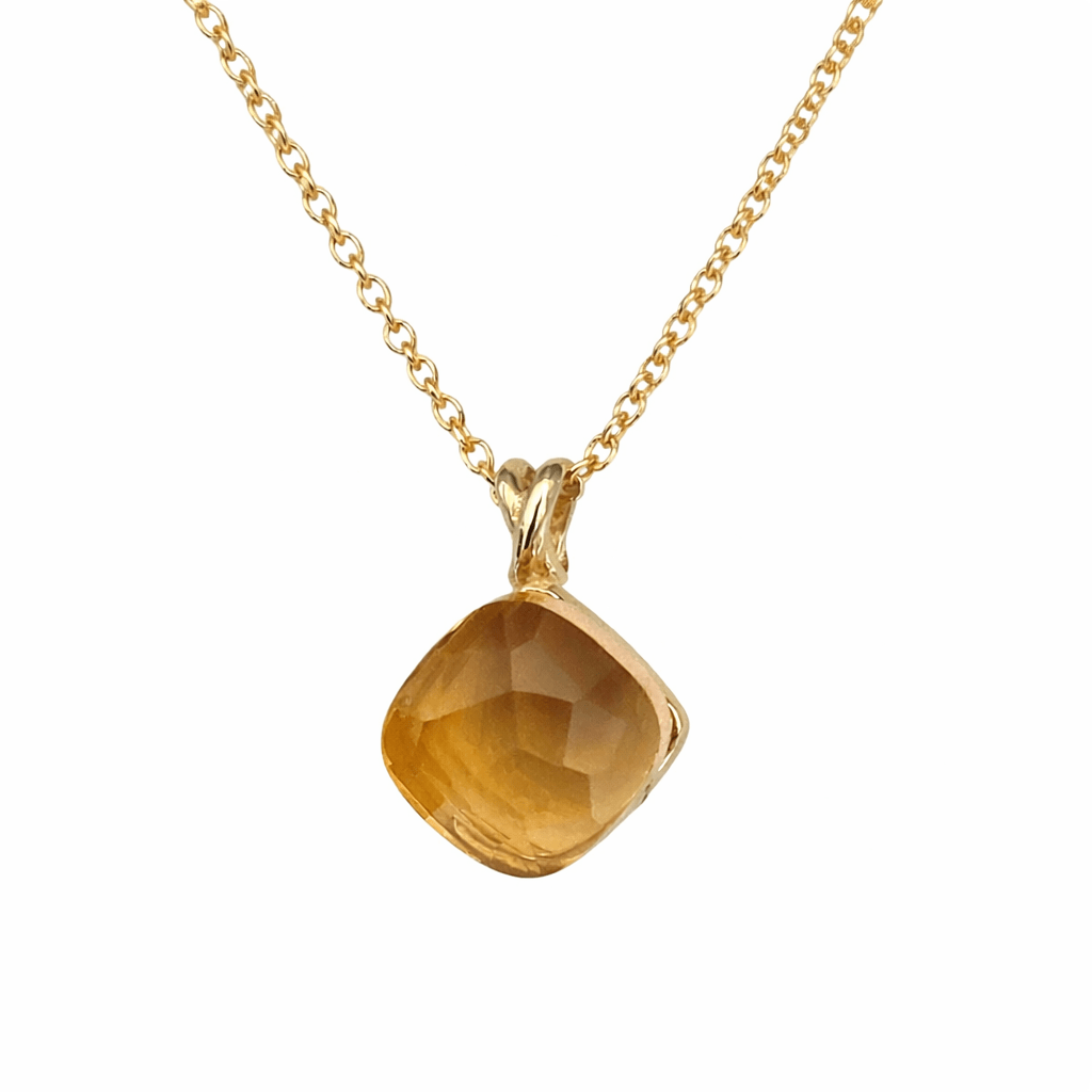 Yellow Gold Natural Citrine Pendant Necklace 9K – 7x7 mm Faceted Gemstone, 45 cm Gold Chain - MIMUKA